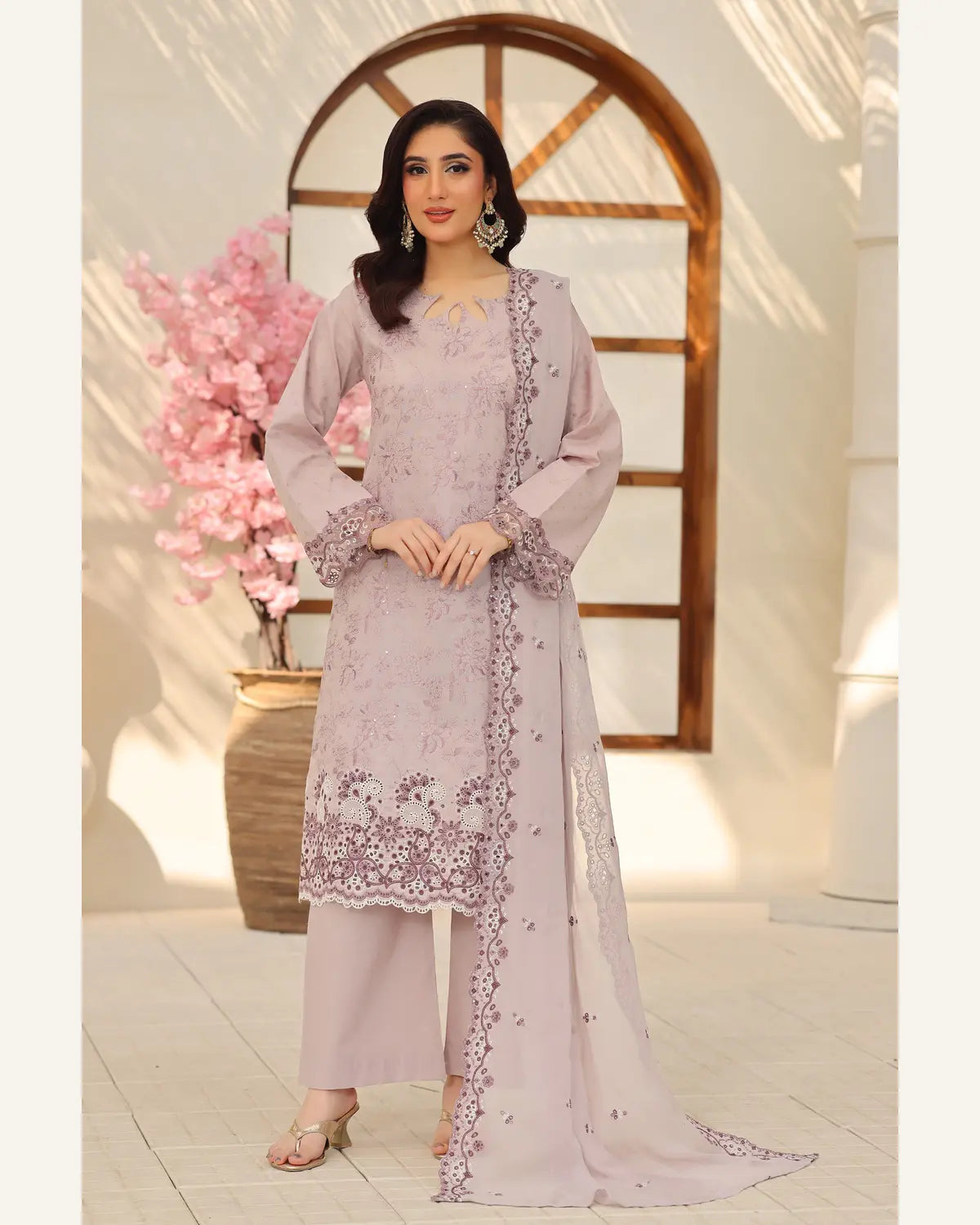 Lilac Veil embroidered Broshia lawn suit front view