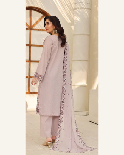 Lilac Veil embroidered Broshia lawn suit side and dupatta view