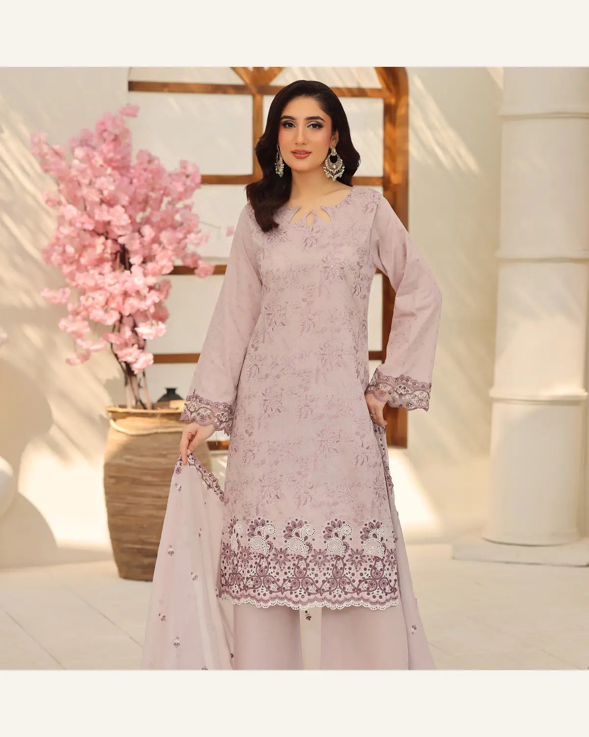 Lilac Veil embroidered Broshia lawn suit full-length view