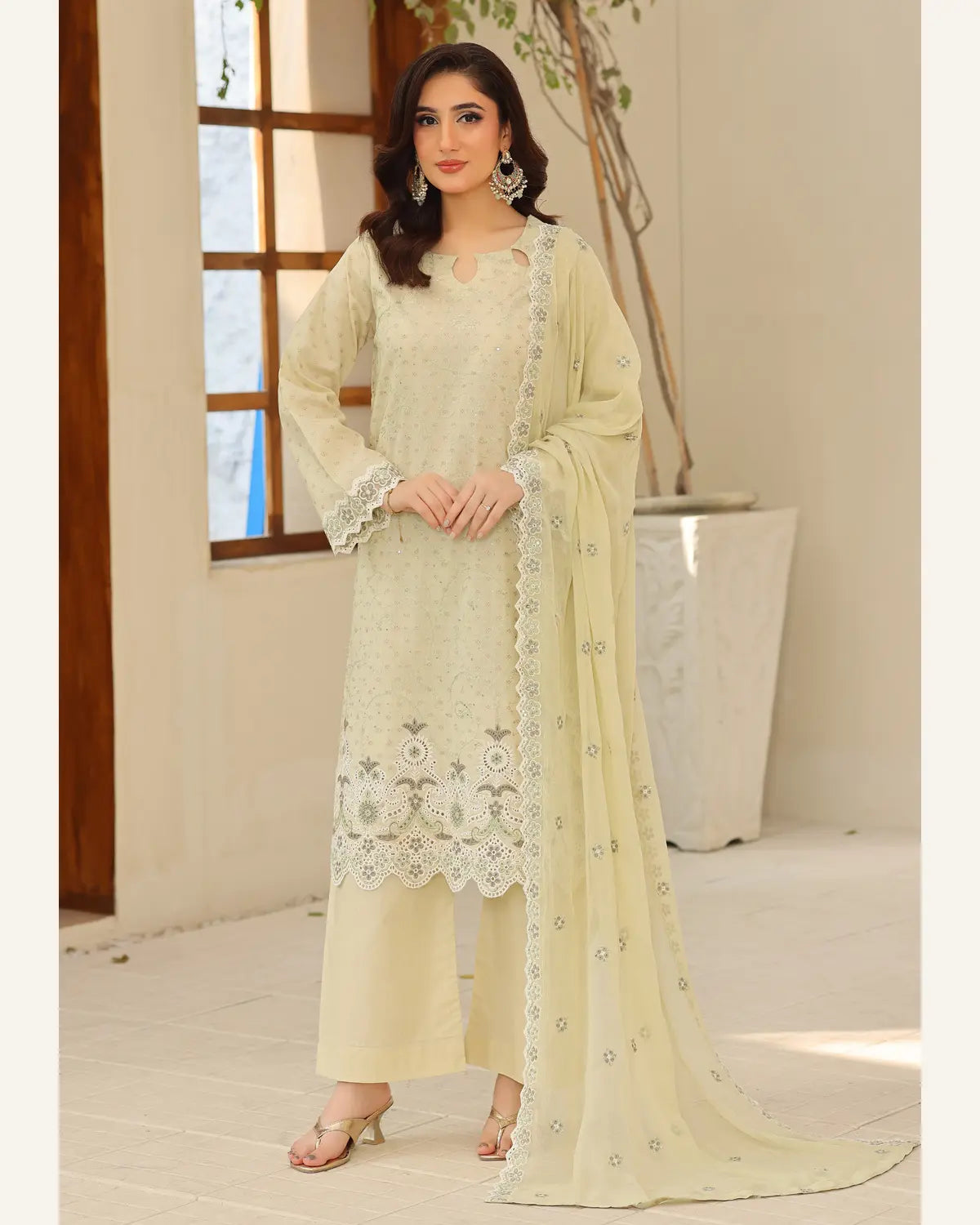 Sage Pearl embroidered Broshia lawn suit front view