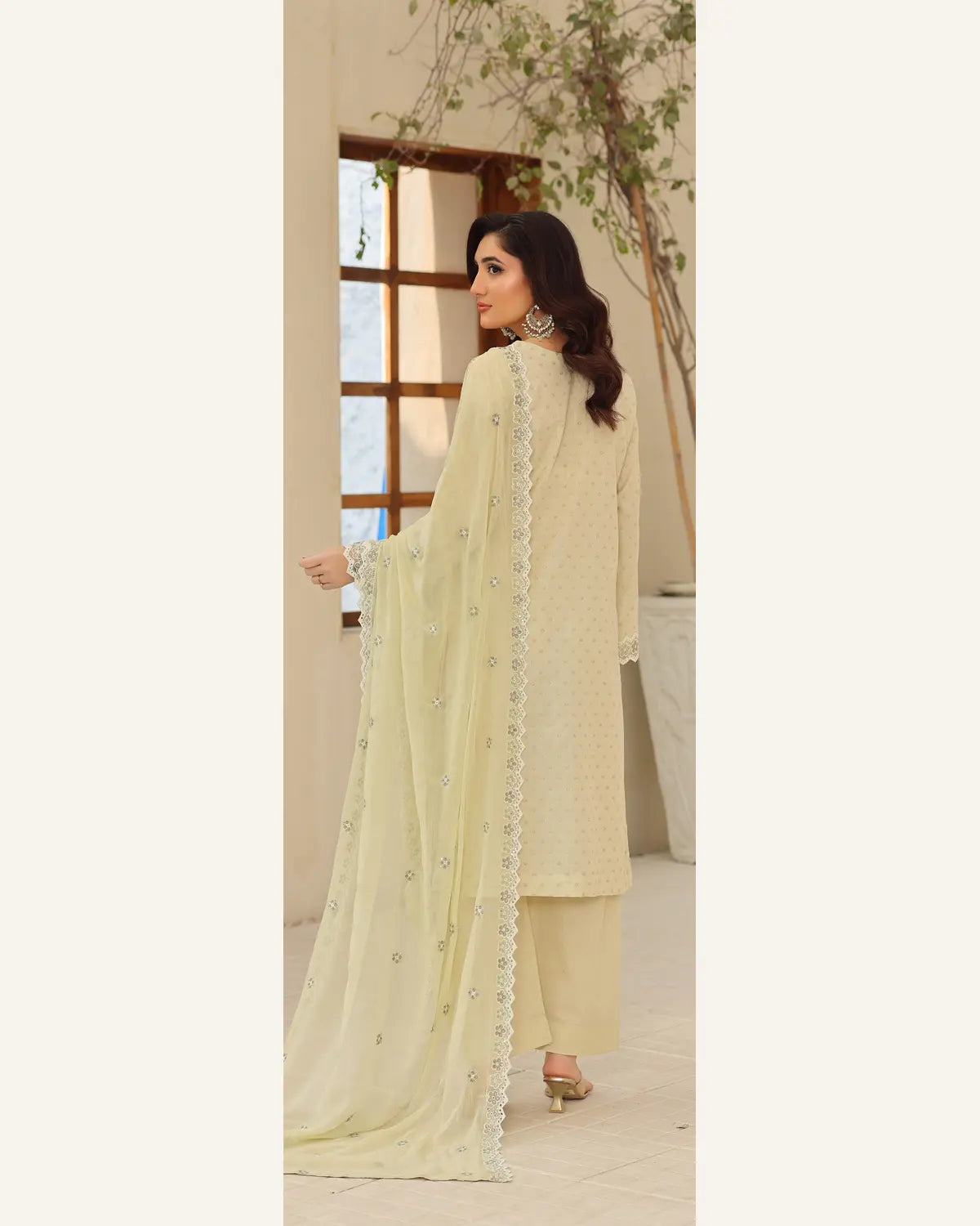 Sage Pearl embroidered Broshia lawn suit back and dupatta view
