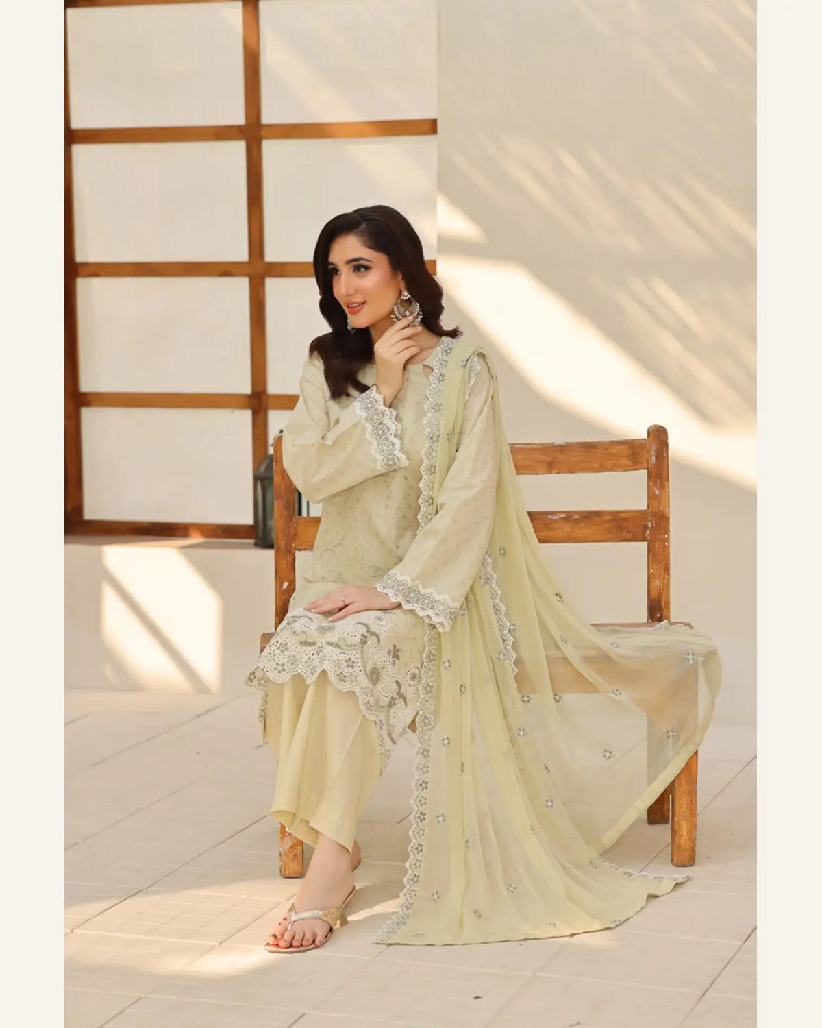 Sage Pearl embroidered Broshia lawn suit seated styling view