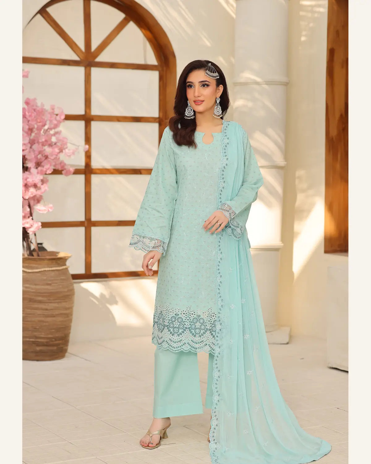 Aqua Zephyr embroidered Broshia lawn suit front view