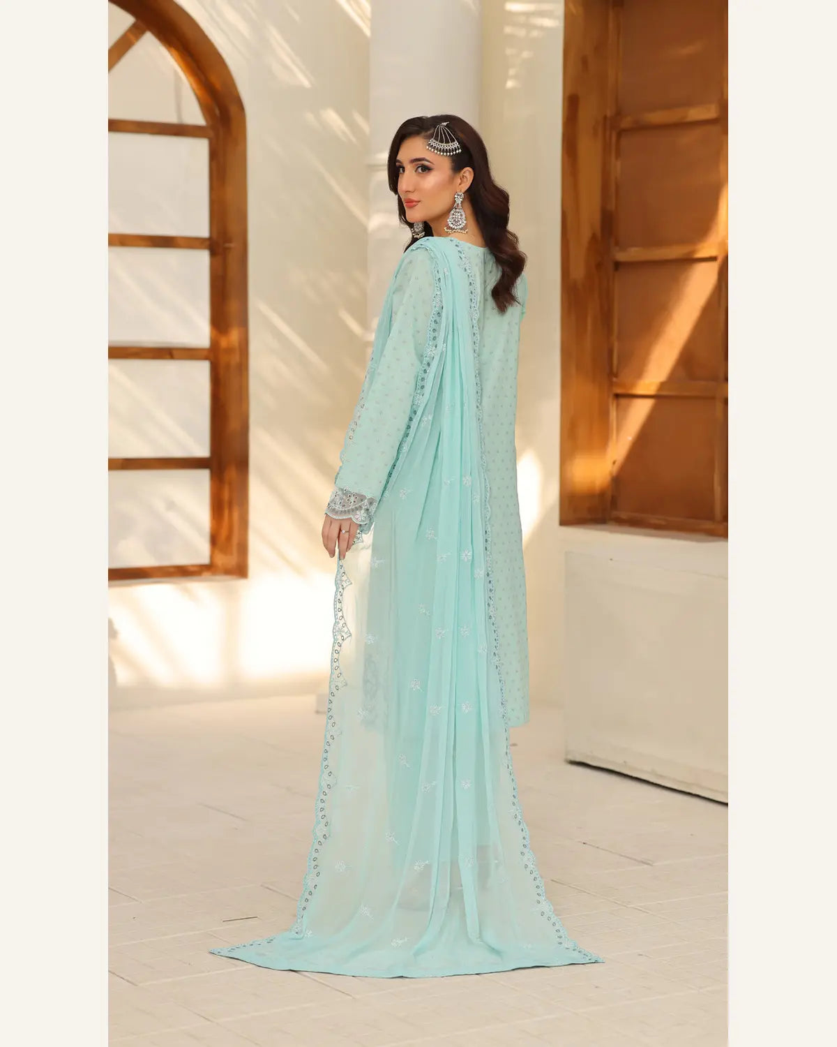 Aqua Zephyr embroidered Broshia lawn suit back with chiffon dupatta