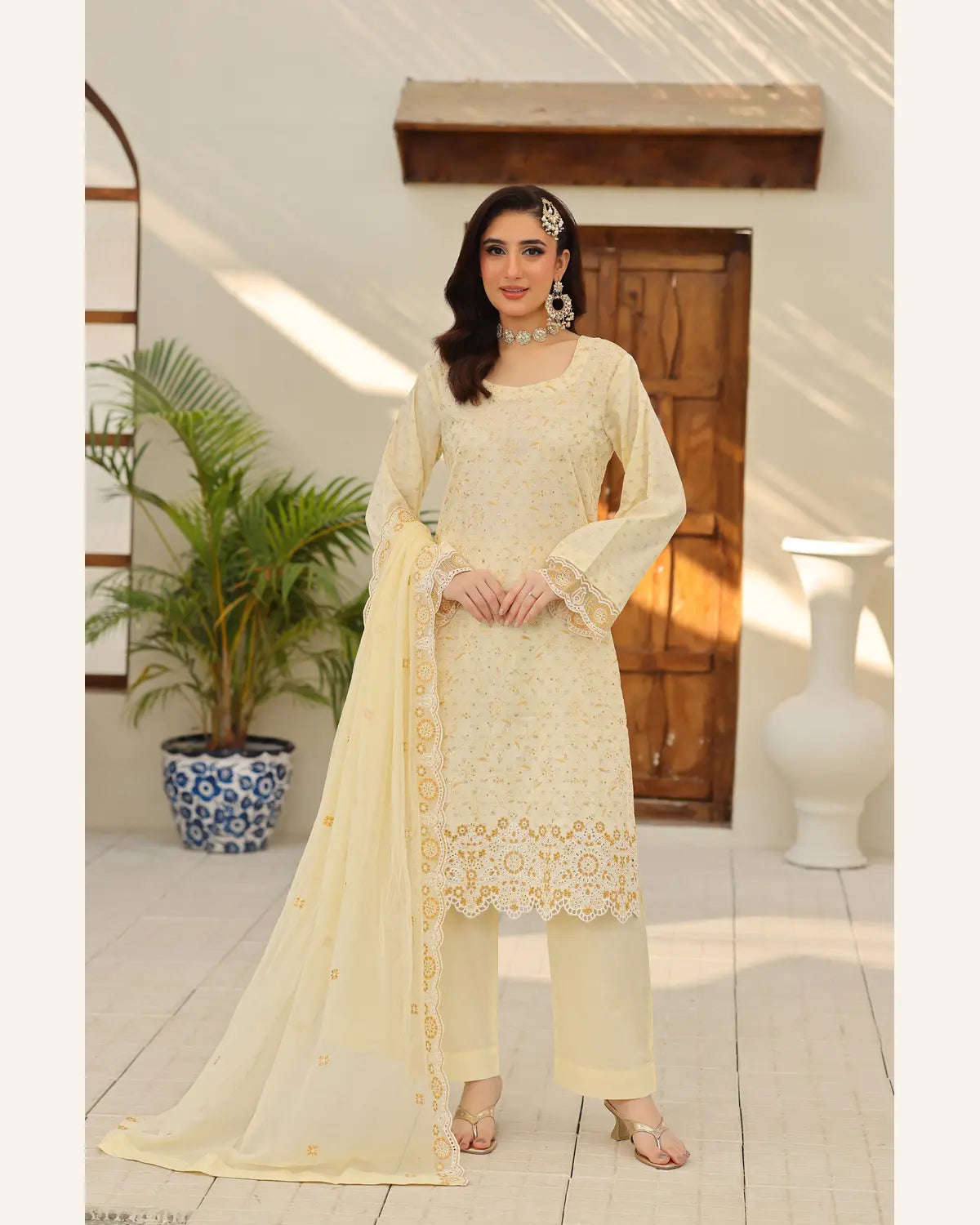 Ivory Marigold embroidered Broshia lawn suit front view