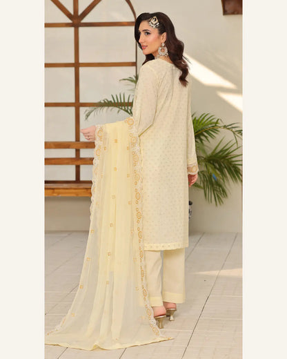 Ivory Marigold embroidered Broshia lawn suit back and dupatta view