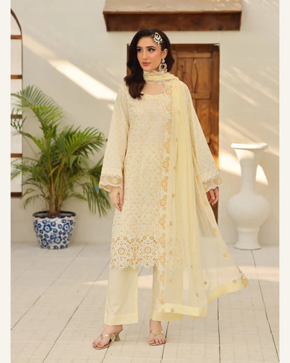 Ivory Marigold embroidered Broshia lawn suit full-length view