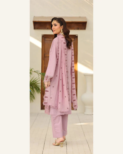 Mauve Orchid embroidered Broshia lawn suit full-length view