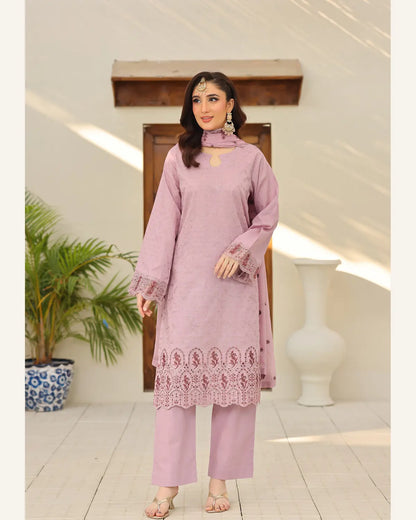 Mauve Orchid embroidered Broshia lawn suit front view