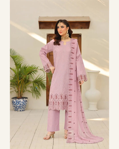 Mauve Orchid embroidered Broshia lawn suit with Bamber chiffon dupatta