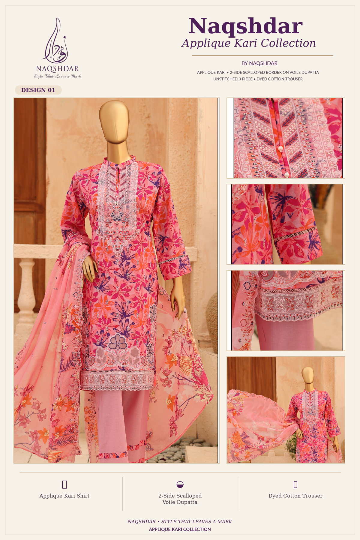 Naqshdar Appliqué Kari Design 01 Rose Fuchsia Bloom unstitched embroidered three piece lawn suit with scalloped dupatta