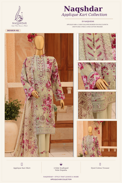 Naqshdar Appliqué Kari Design 02 Ivory Berry Garden unstitched embroidered three piece lawn suit with scalloped dupatta