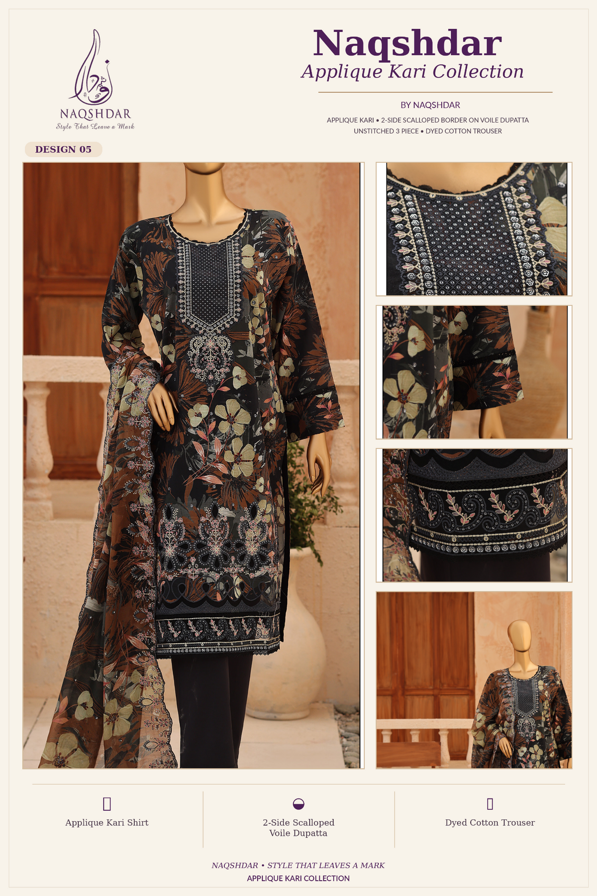 Naqshdar Appliqué Kari Design 05 Midnight Botanical unstitched embroidered three piece lawn suit with scalloped dupatta