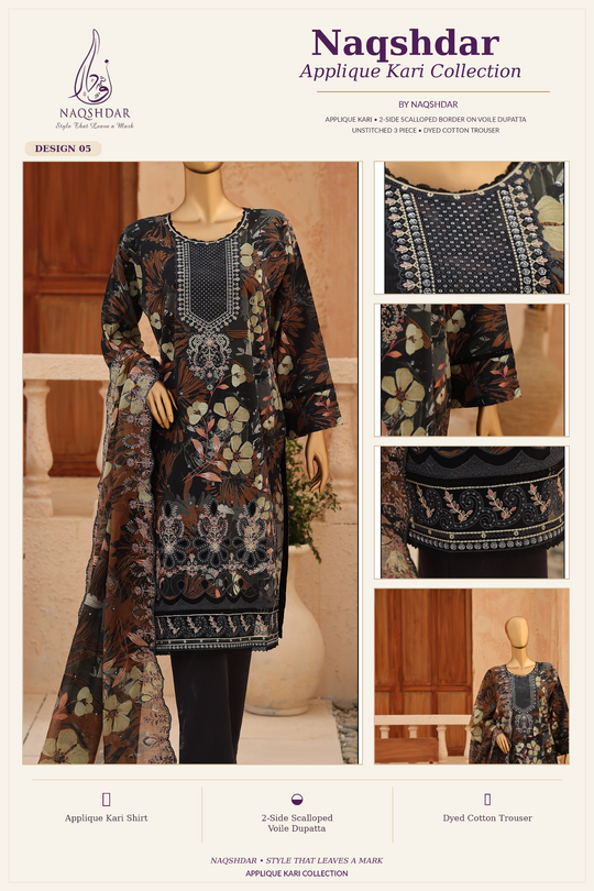 Naqshdar Appliqué Kari | Midnight Botanical — Design 05