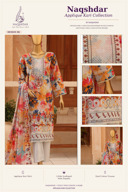 Naqshdar Appliqué Kari Design 06 Coral Mosaic Bloom unstitched embroidered three piece lawn suit with scalloped dupatta