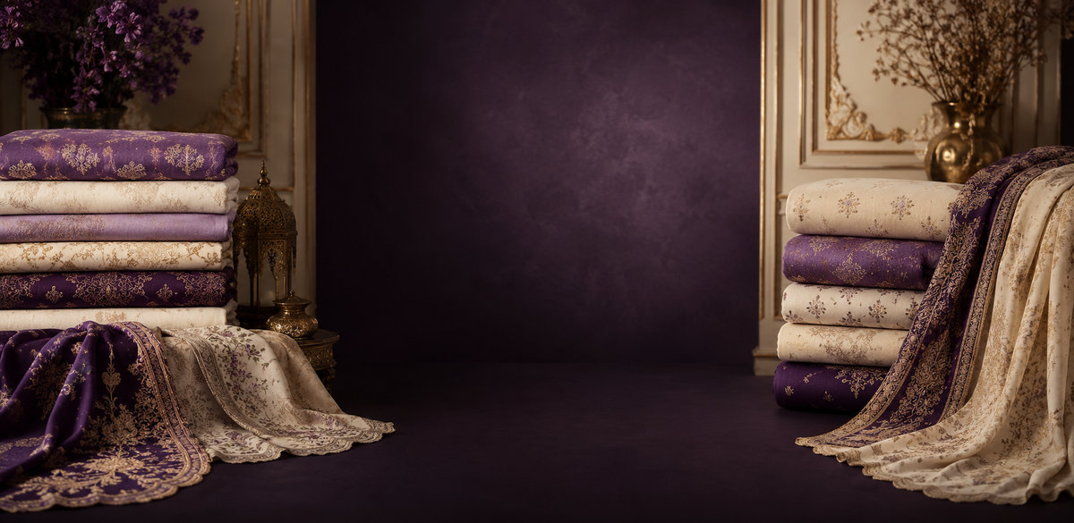 Purple and gold premium unstitched fabrics arranged for the Naqshdar homepage
