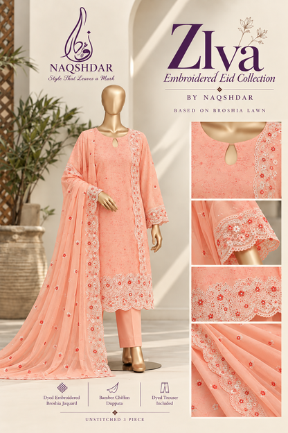 Ziva Coral Garden embroidered Broshia jacquard unstitched 3 piece suit with chiffon dupatta