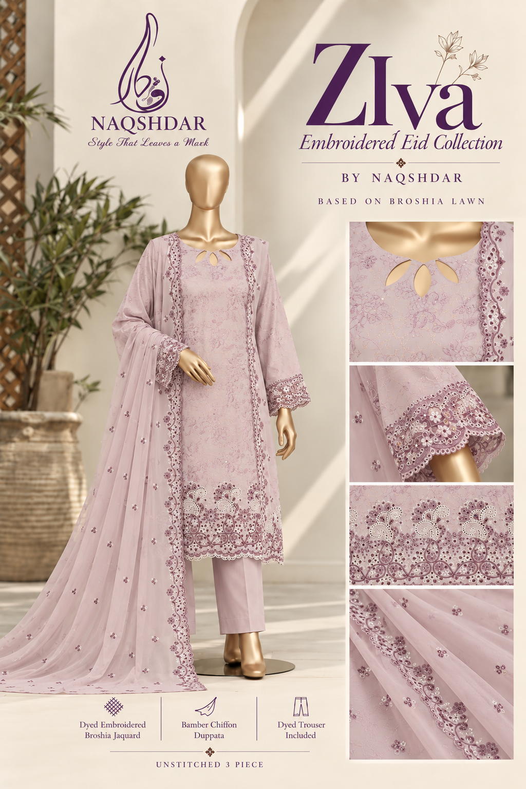 Ziva Lilac Veil embroidered Broshia jacquard 3 piece suit