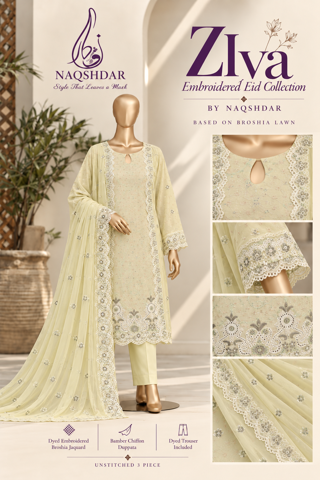 Ziva Sage Pearl embroidered Broshia jacquard 3 piece suit in soft ivory sage