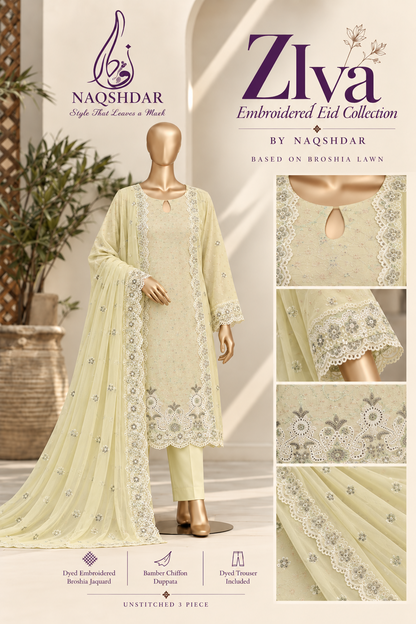 Ziva Sage Pearl embroidered Broshia jacquard 3 piece suit in soft ivory sage