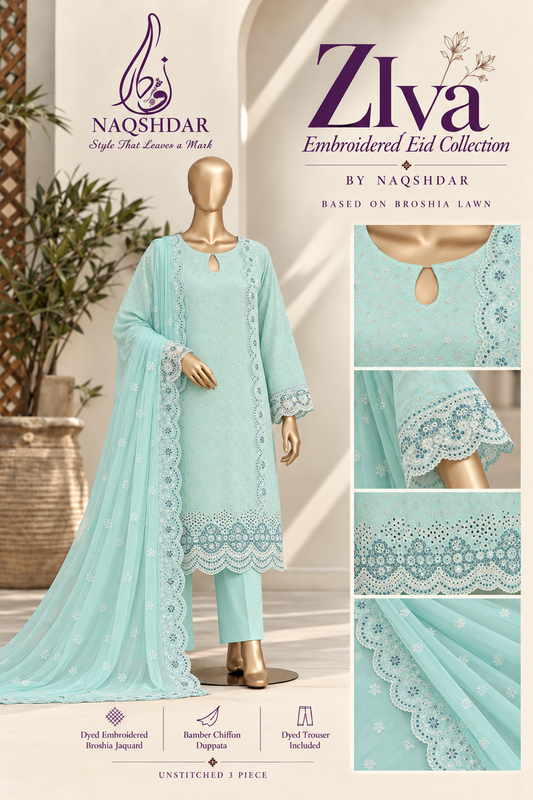 Ziva Aqua Zephyr embroidered Broshia jacquard 3 piece suit with chiffon dupatta