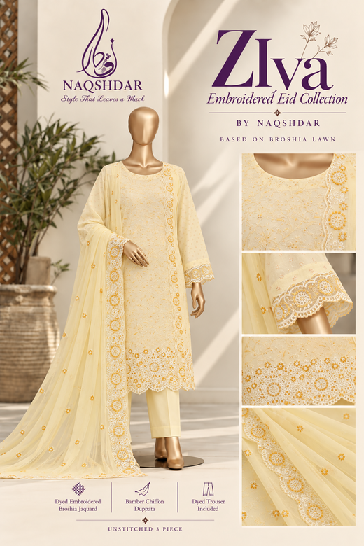 Ziva Ivory Marigold | Embroidered Broshia Jacquard 3 Piece