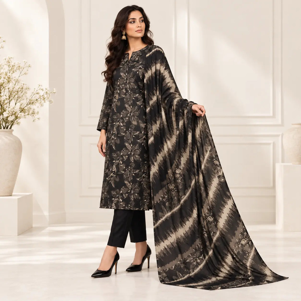 Noir Petal black lawn suit three-quarter view with chamki voile dupatta