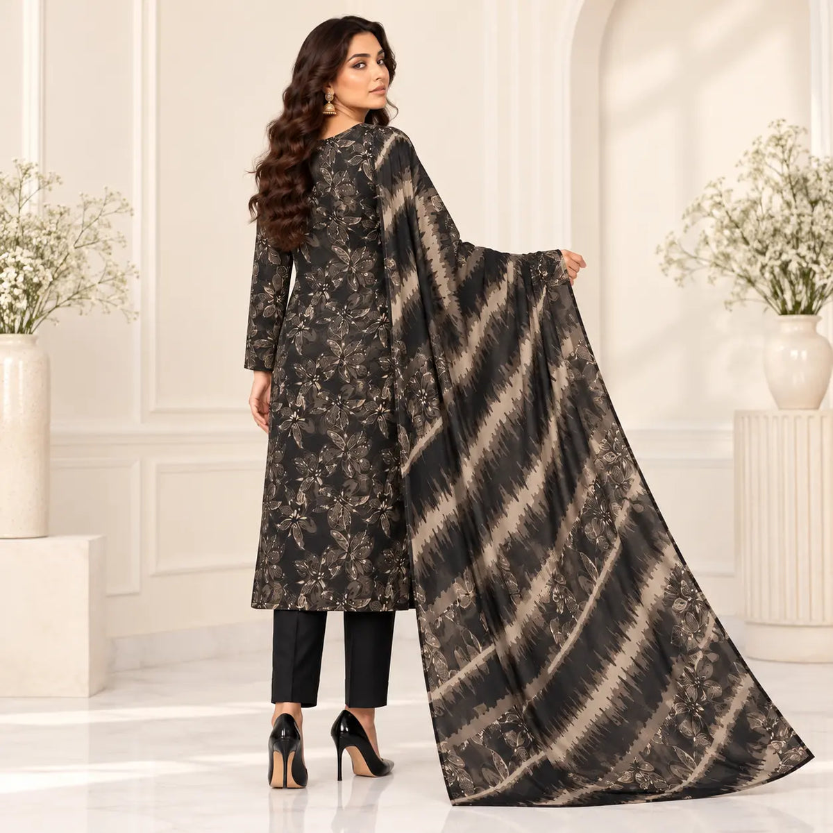 Noir Petal black lawn suit alternate view showing printed dupatta