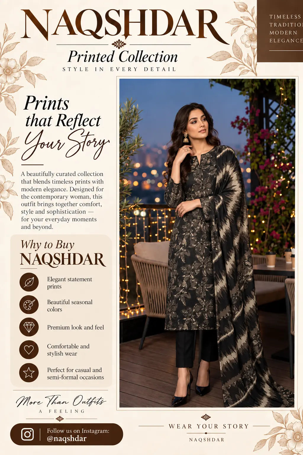 Noir Petal black digital printed chamki lawn three-piece suit