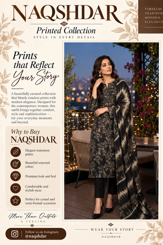 Noir Petal black digital printed chamki lawn three-piece suit