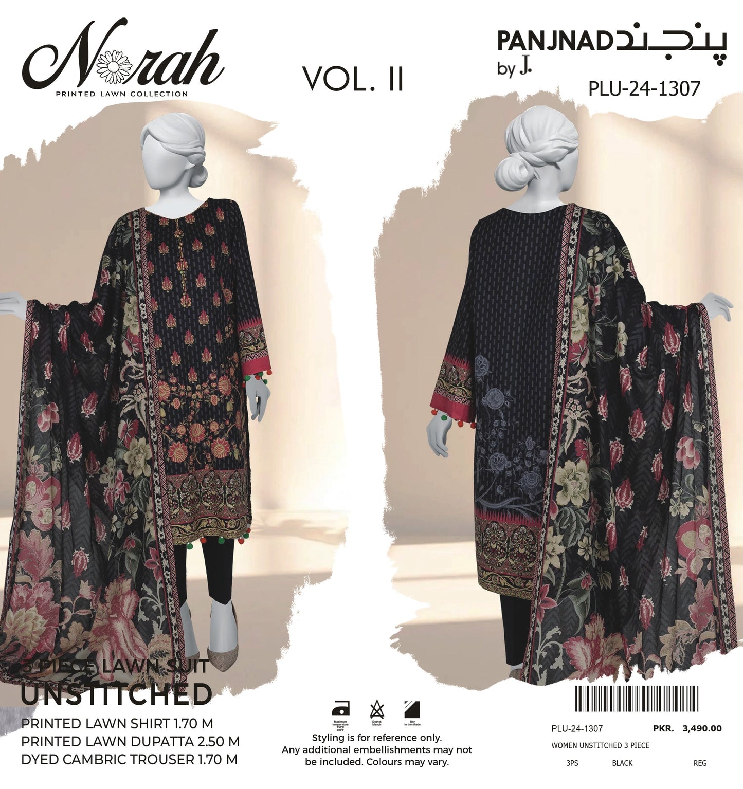 Norah Printed Lawn by J. - PLU-24-1307 Black 3 piece unstitched