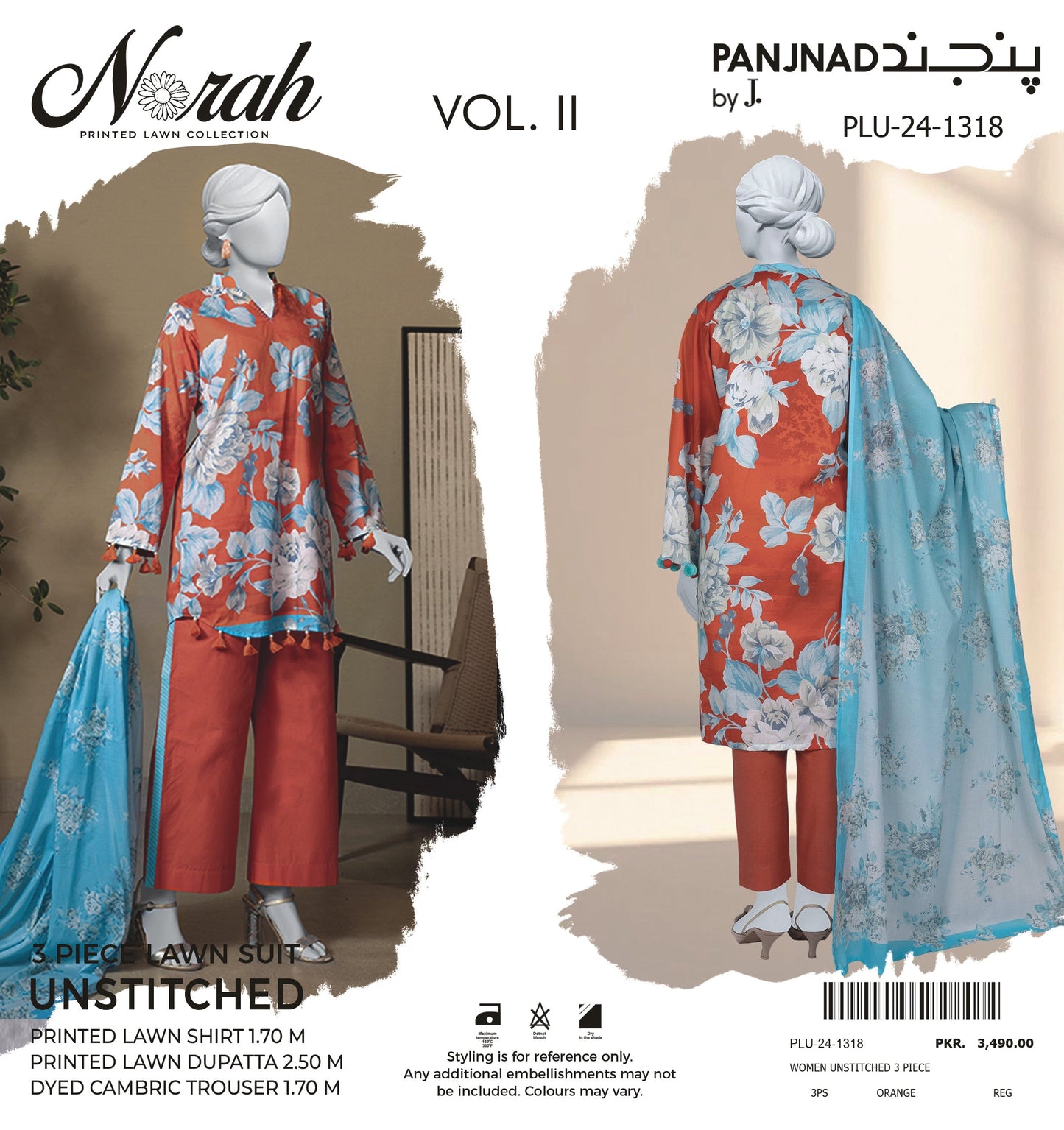 Norah Printed Lawn by J. - PLU-24-1318 Orange 3 piece unstitched