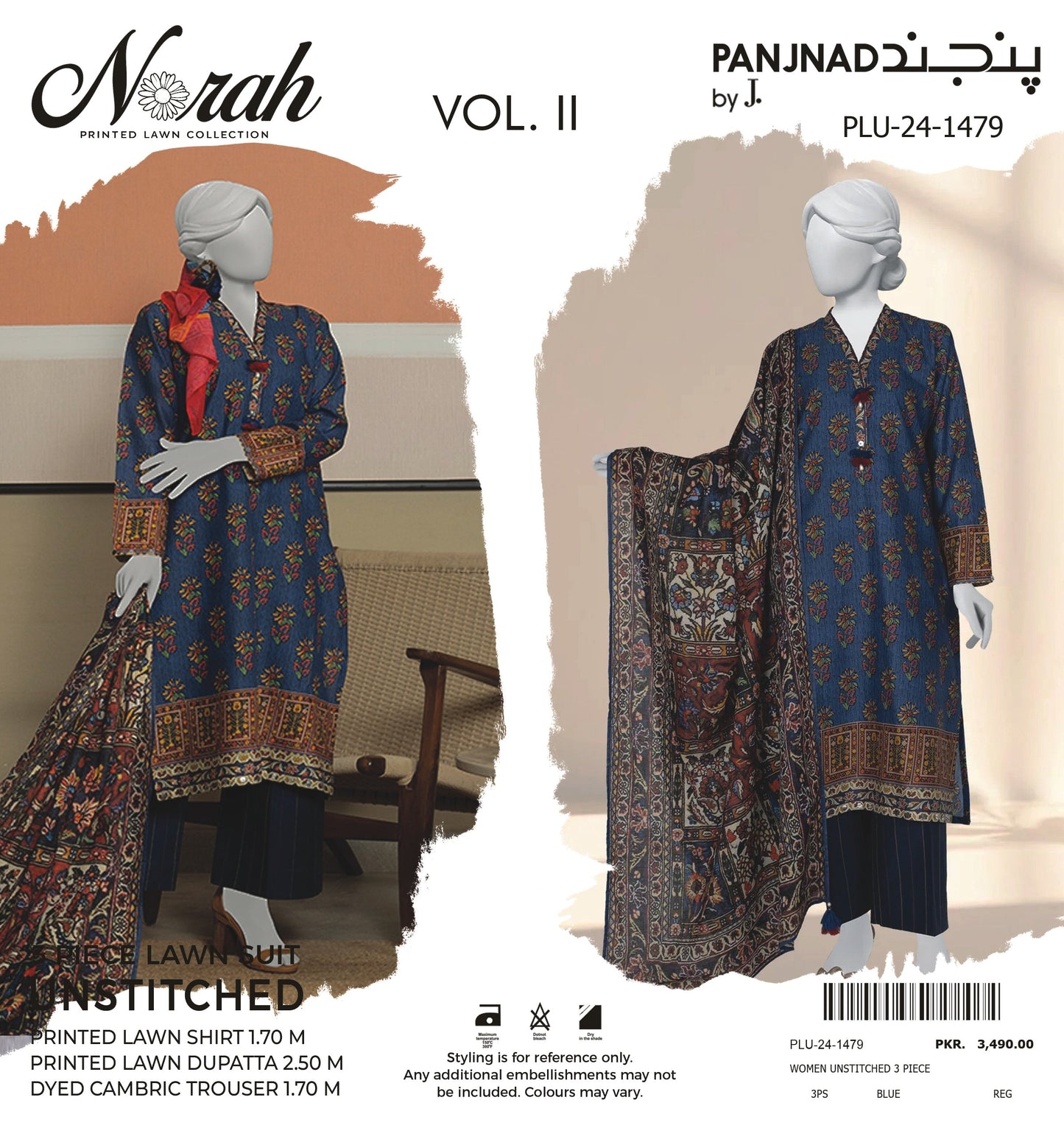 Norah Printed Lawn by J. - PLU-24-1479 Blue 3 piece unstitched