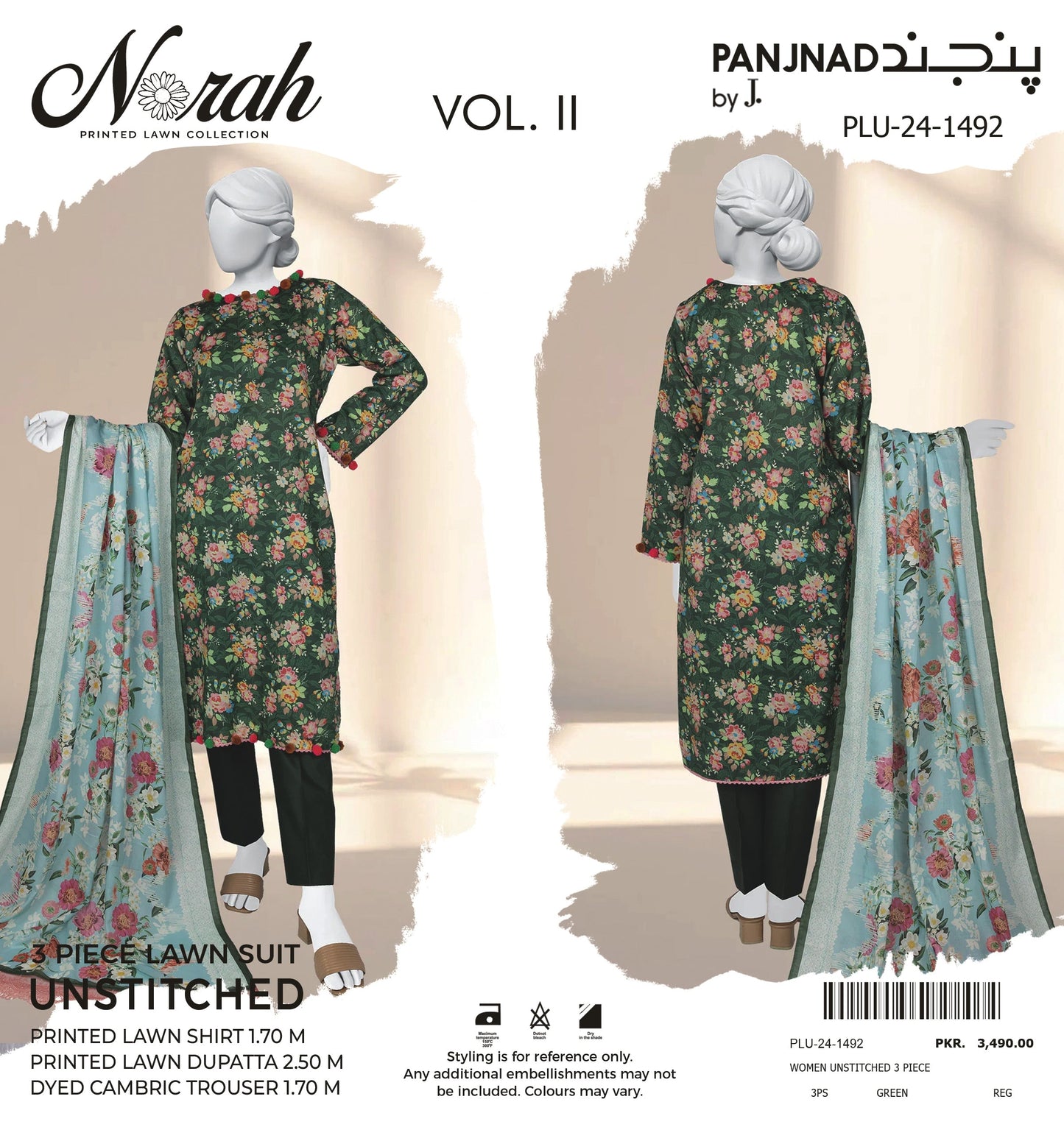 Norah Printed Lawn by J. - PLU-24-1492 Green 3 piece unstitched