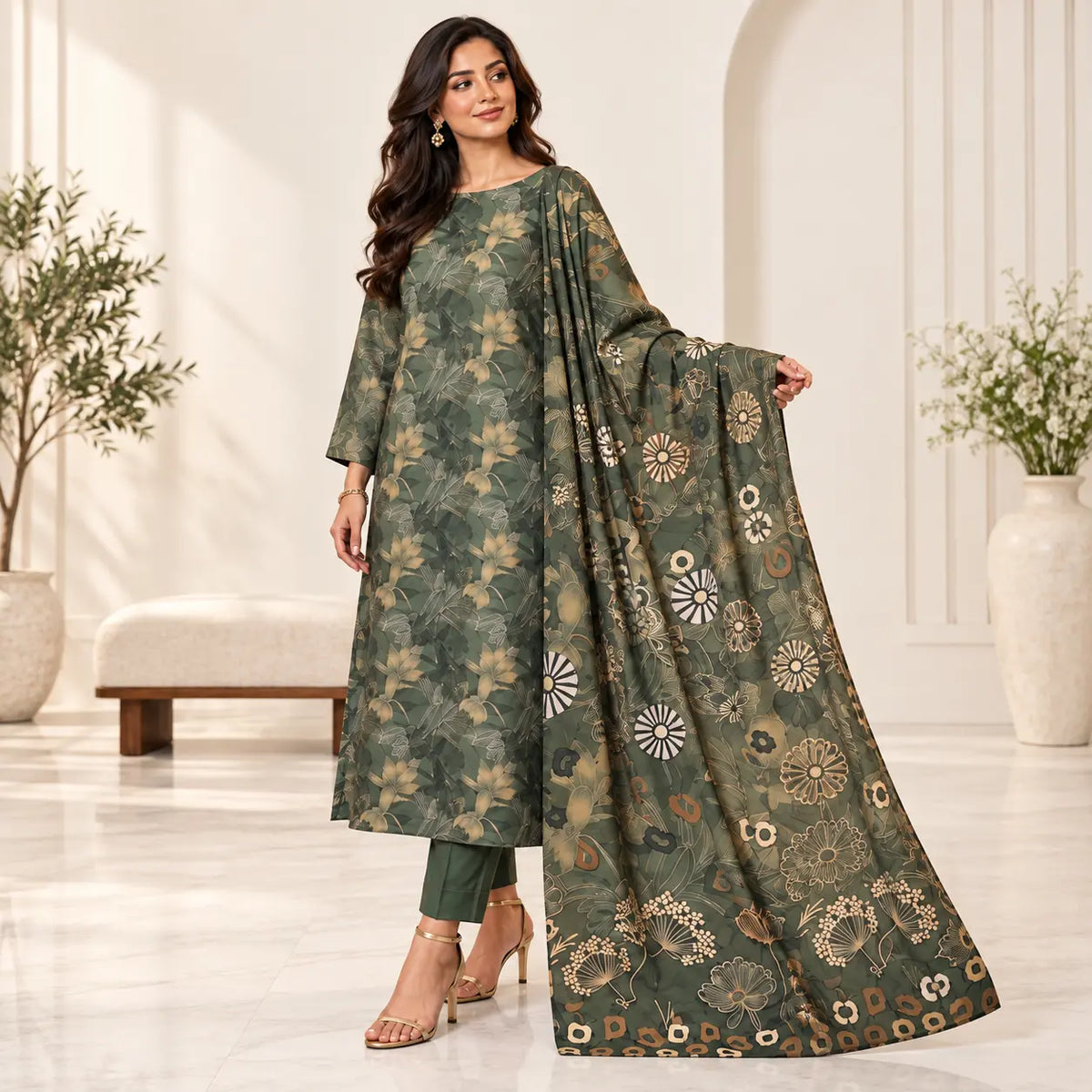 Olive Reverie lawn suit three-quarter view with chamki voile dupatta