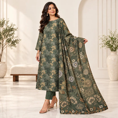 Olive Reverie lawn suit three-quarter view with chamki voile dupatta