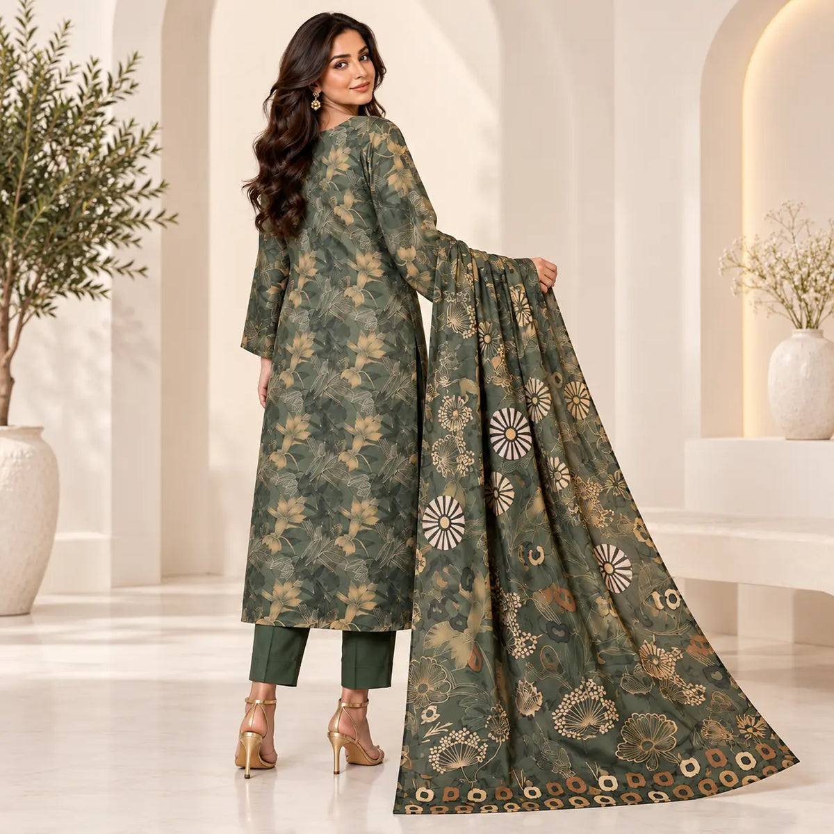 Olive Reverie lawn suit alternate view showing printed dupatta