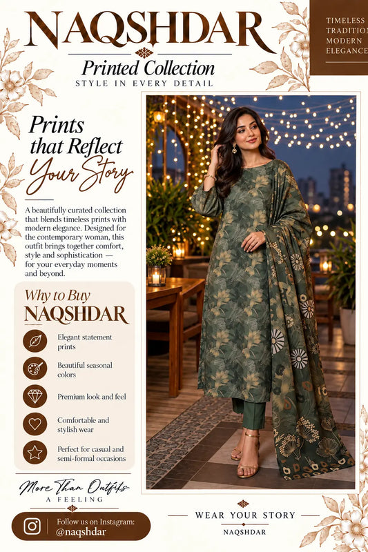 Olive Reverie digital printed chamki lawn three-piece suit