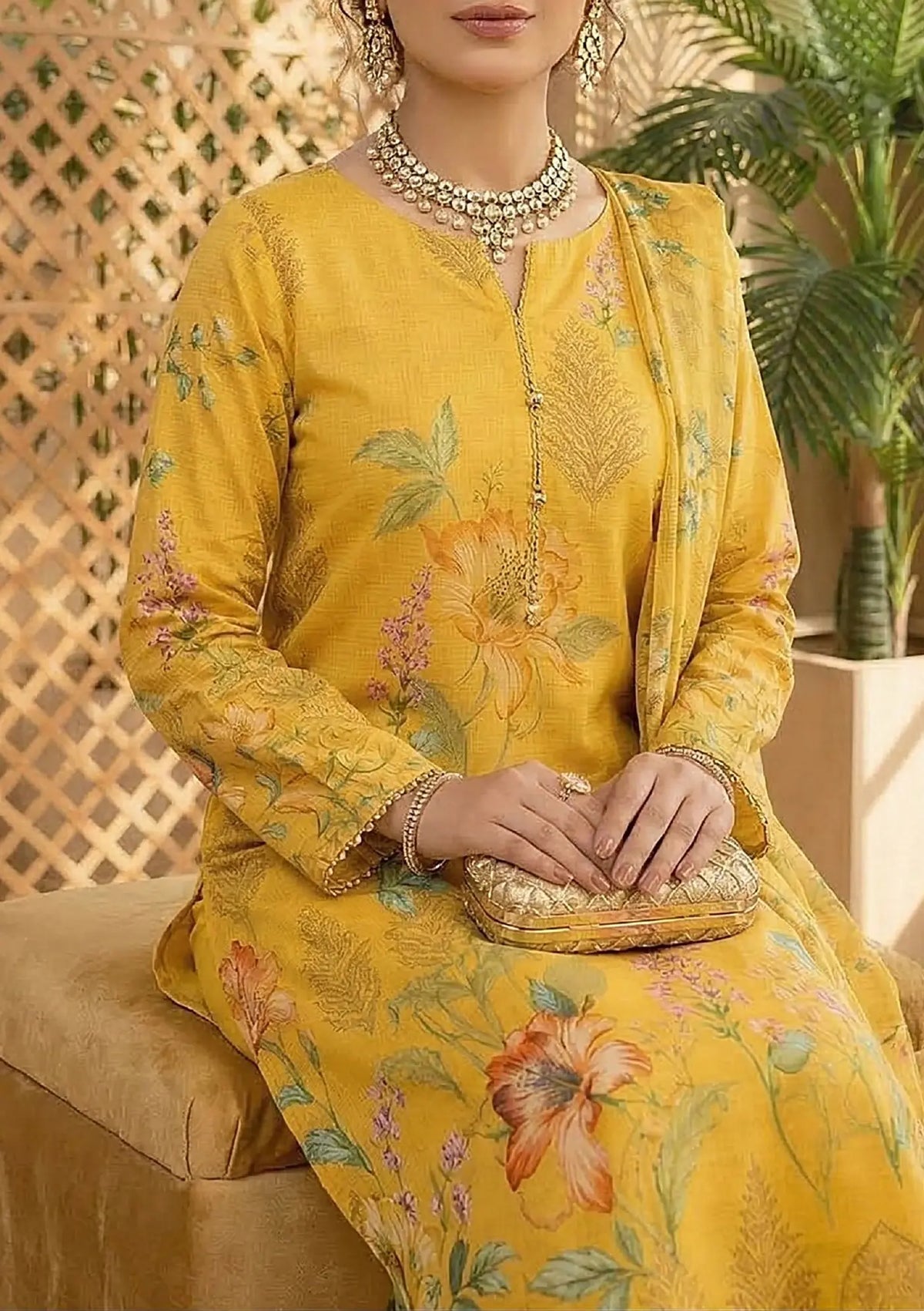Golden Marigold 3PC Broshia Lawn fabric and dupatta detail
