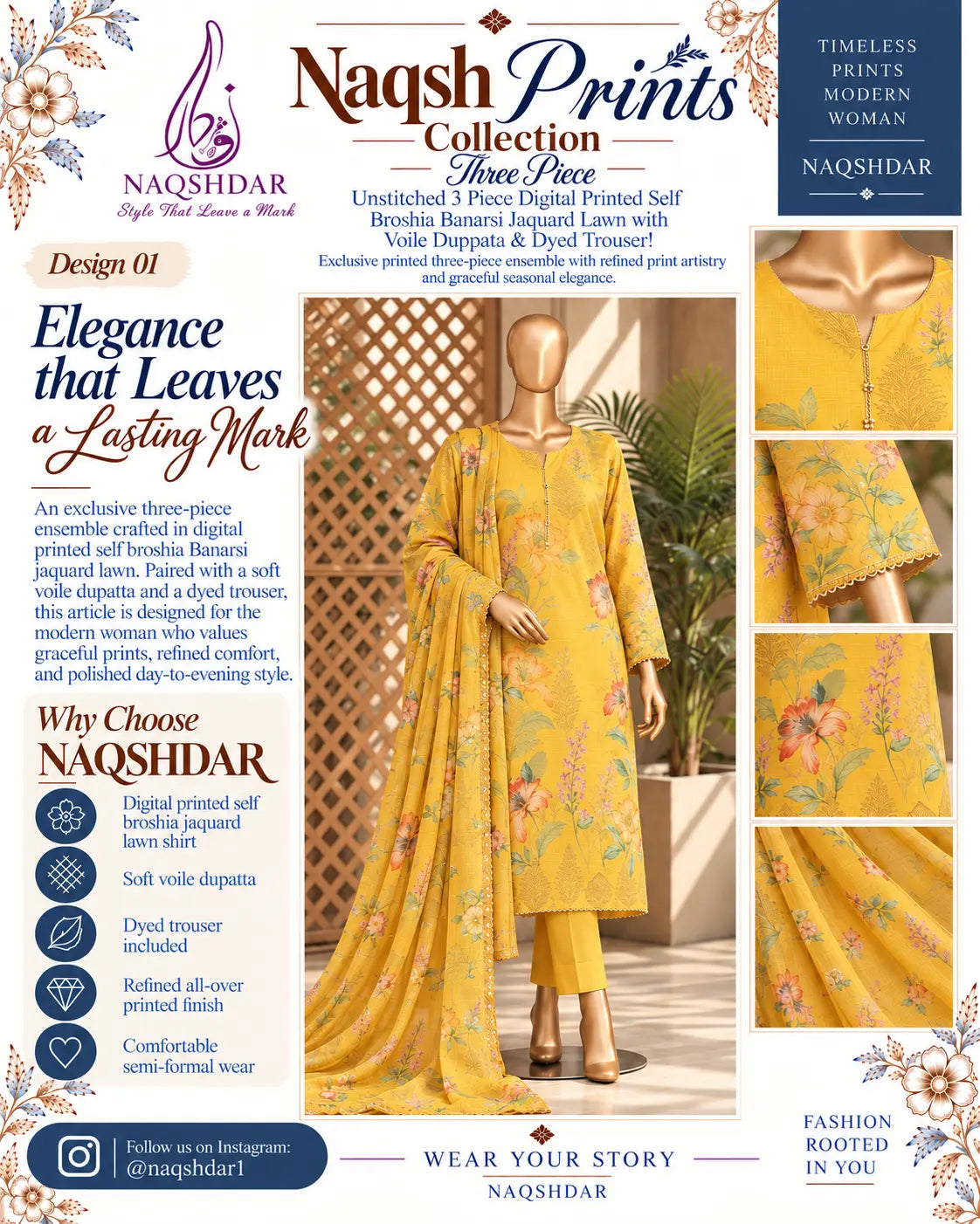 Golden Marigold 3PC Broshia Lawn Naqshdar catalog view