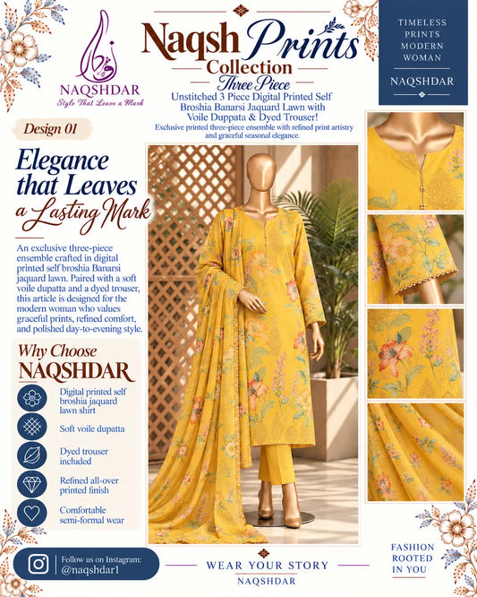 Golden Marigold 3PC Broshia Lawn Naqshdar catalog view