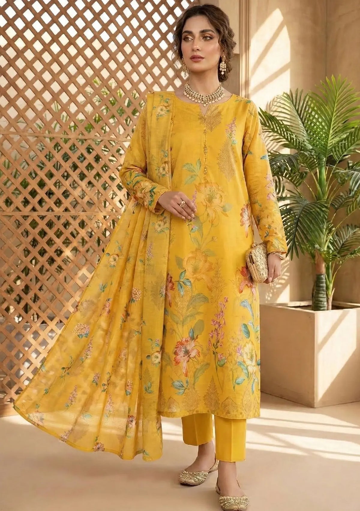 Golden Marigold 3PC Broshia Lawn front styling view