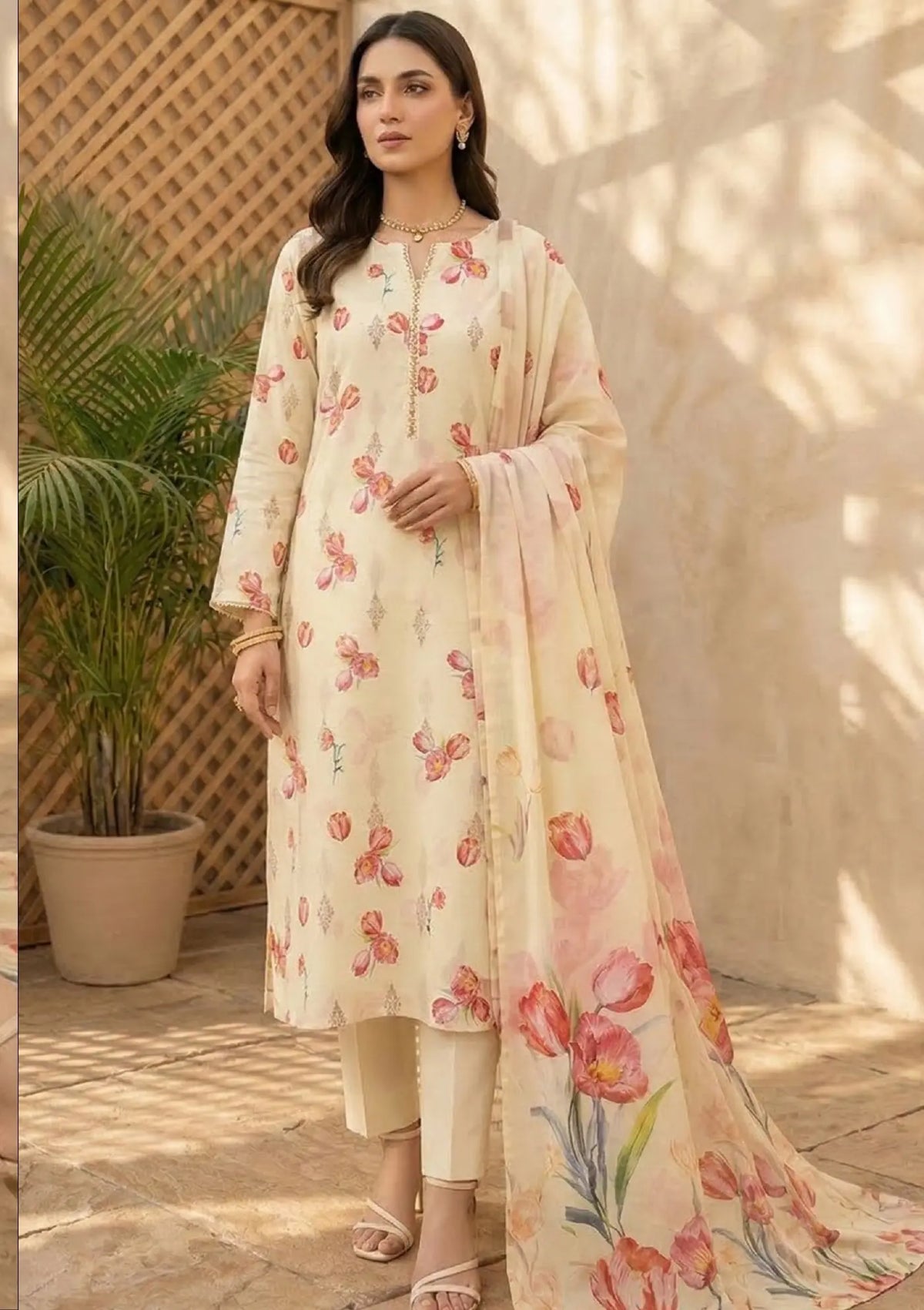 Ivory Tulip 3PC Broshia Lawn front styling view