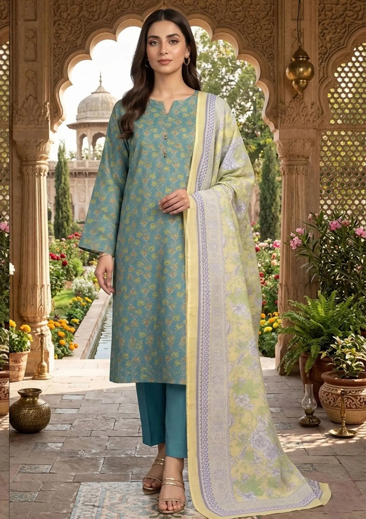 Prints Collection Volume 2 Aqua Lilac aqua and lilac unstitched 3 piece lawn front styling view