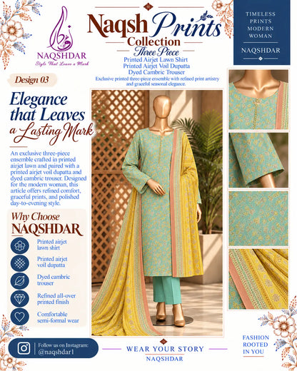 Prints Collection Volume 2 Aqua Marigold aqua and yellow unstitched 3 piece lawn Naqshdar catalog view