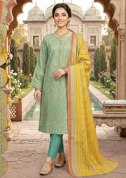 Prints Collection Volume 2 Aqua Marigold aqua and yellow unstitched 3 piece lawn front styling view