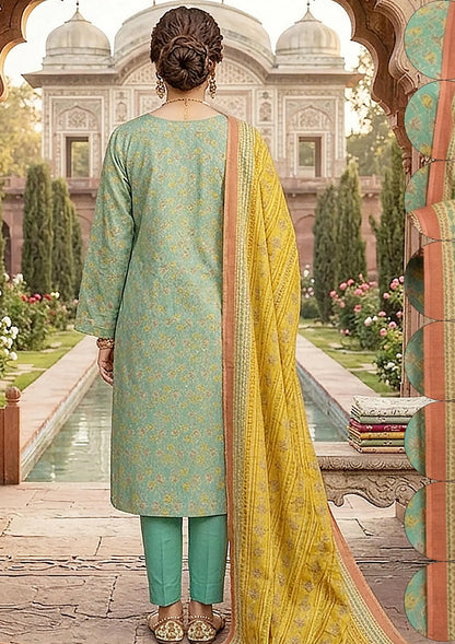 Prints Collection Volume 2 Aqua Marigold aqua and yellow unstitched 3 piece lawn back or full fabric view
