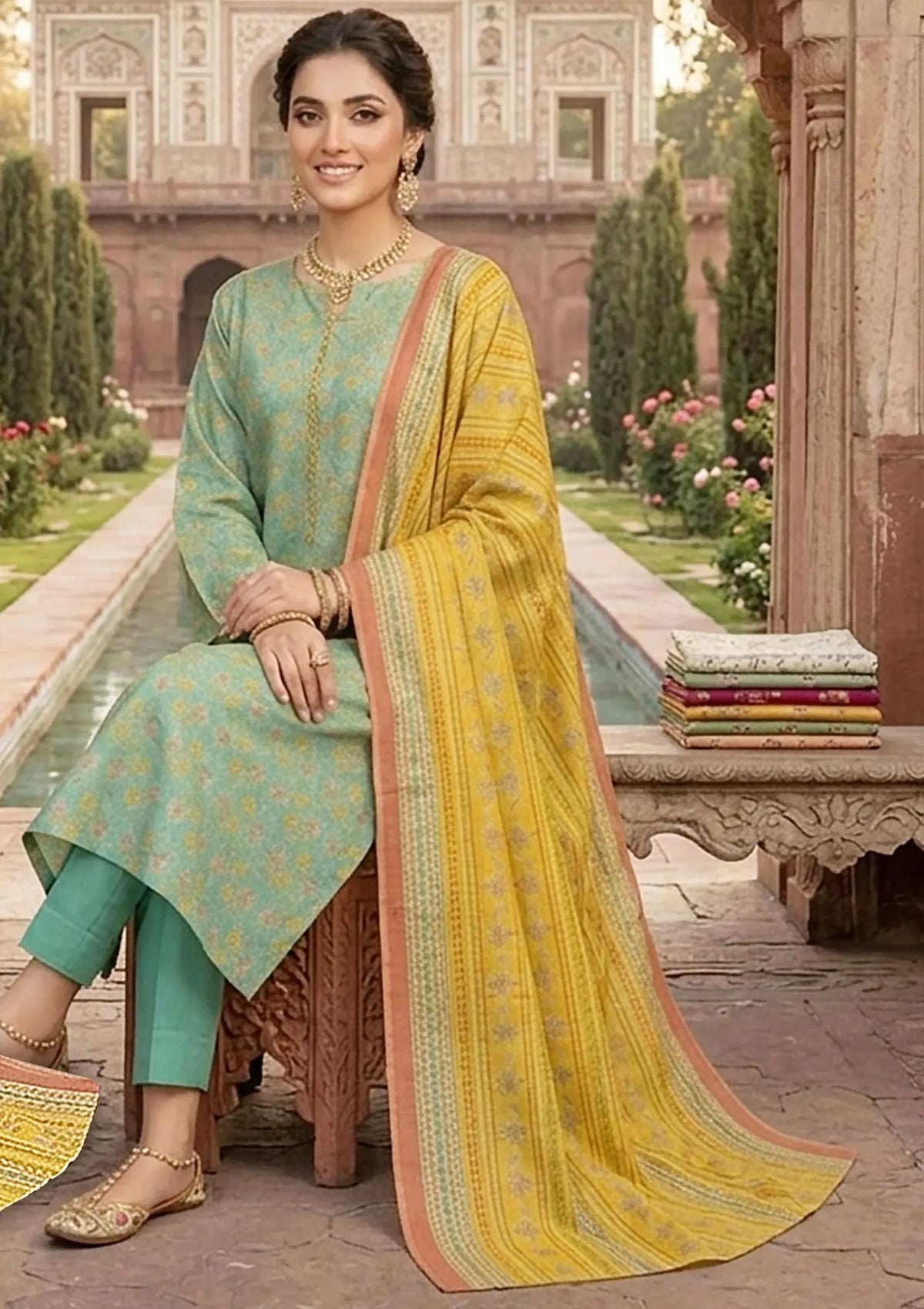 Prints Collection Volume 2 Aqua Marigold aqua and yellow unstitched 3 piece lawn close styling and print detail