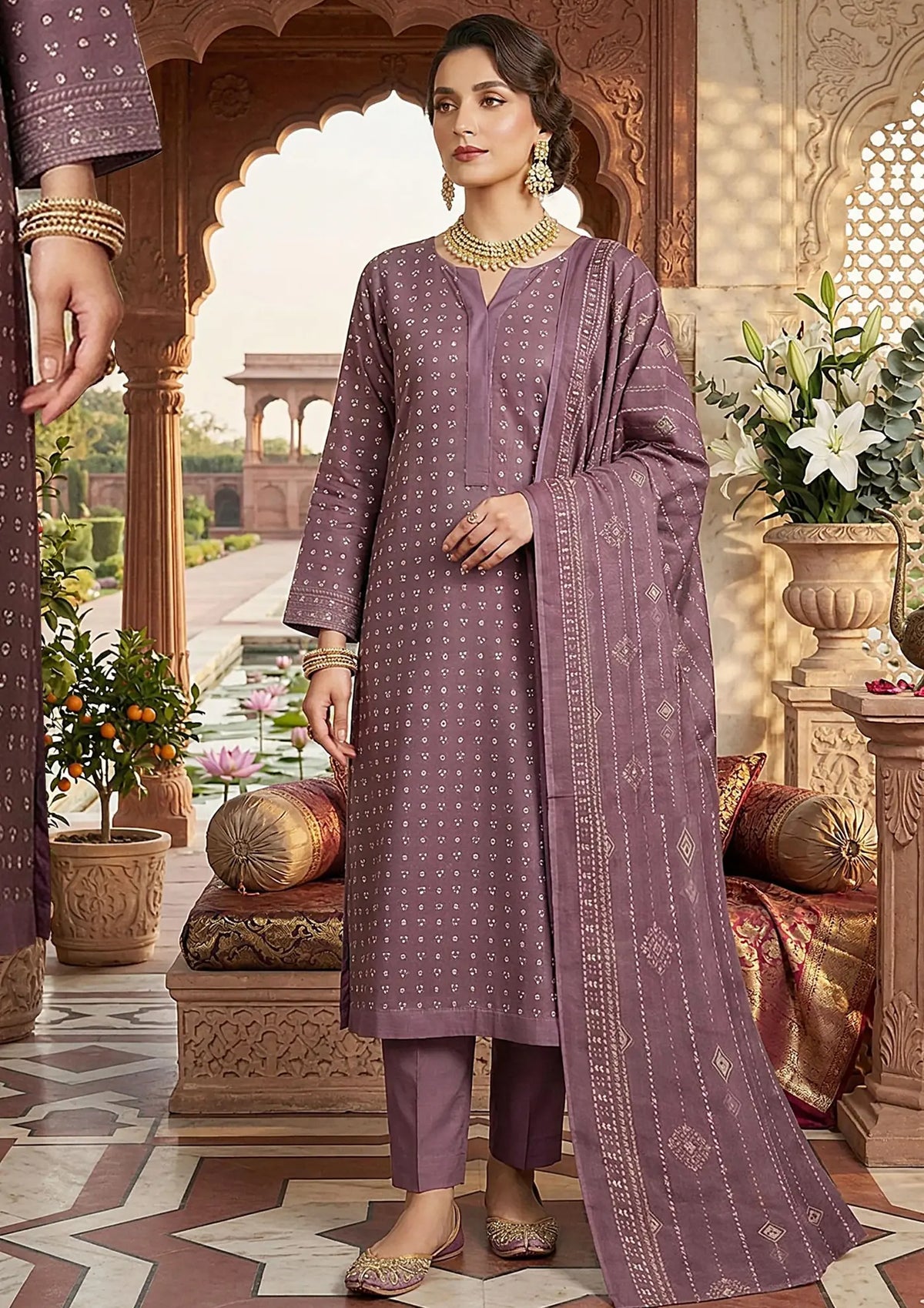 Prints Collection Volume 2 Mauve Mosaic mauve and plum unstitched 3 piece lawn front styling view