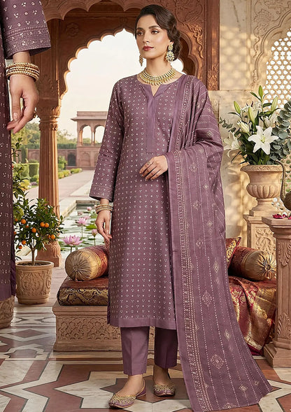 Prints Collection Volume 2 Mauve Mosaic mauve and plum unstitched 3 piece lawn front styling view